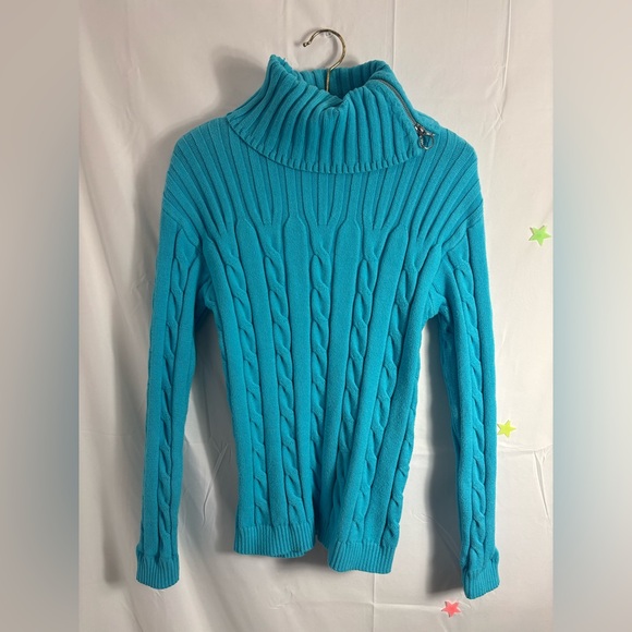 Y2K Wool Blend Cable Knit Turquoise Turtleneck with Silver Zipper Size M - Picture 16 of 16